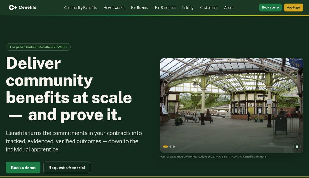 The Cenefits home page: &lsquo;Deliver community benefits at scale — and prove it.&rsquo;