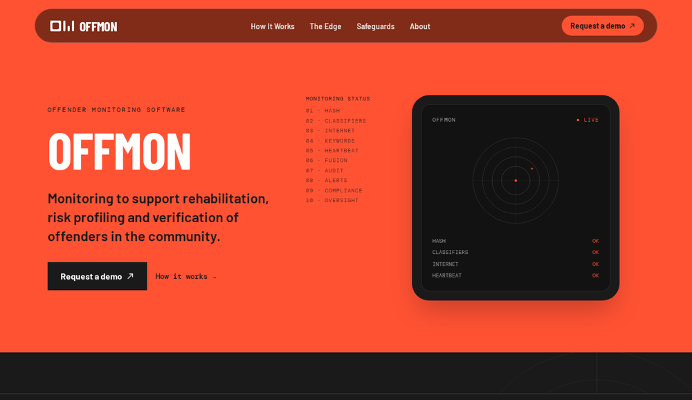 The Offmon home page: &lsquo;OFFMON — offender monitoring software,&rsquo; with a live monitoring-status panel.